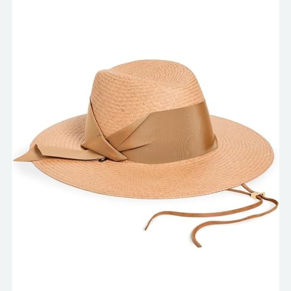 Veronica Beard Tan Straw Wide-Brim Fedora with Ribbon
